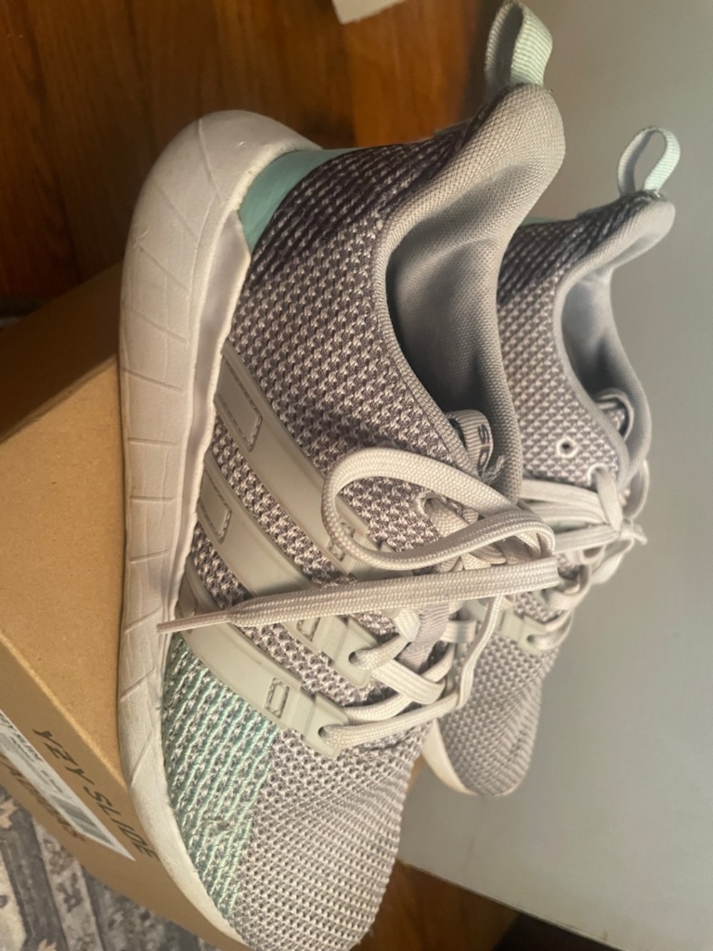 adidas Light Gray Knit Sneakers with Mint Accent